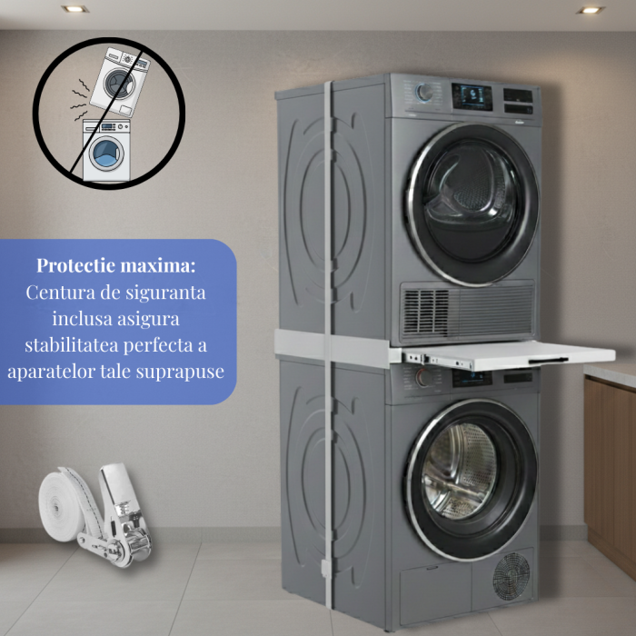 RESIGILAT - Kit Suprapunere Universal Metalic Latkon pentru Masina de Spalat si Uscator 60 cm, Raft Glisant, Centura Fixare, 8 Pad-uri Anti-Vibratii, Alb [3]