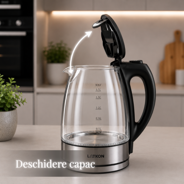 Fierbator Electric Latkon® EK2200Lite, Sticla/Inox, 1.7L, 2200W, Oprire automata, Baza rotativa 360, Iluminare LED [6]