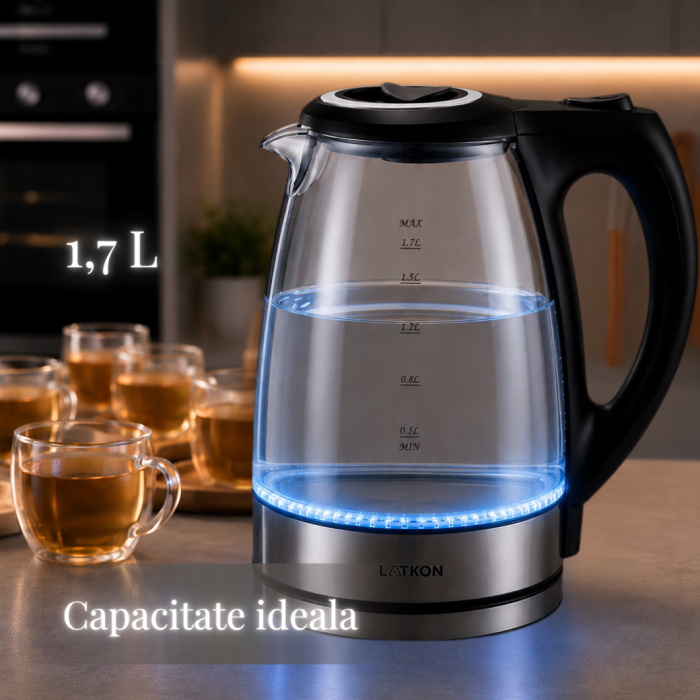 Fierbator Electric Latkon® EK2200Lite, Sticla/Inox, 1.7L, 2200W, Oprire automata, Baza rotativa 360, Iluminare LED [5]