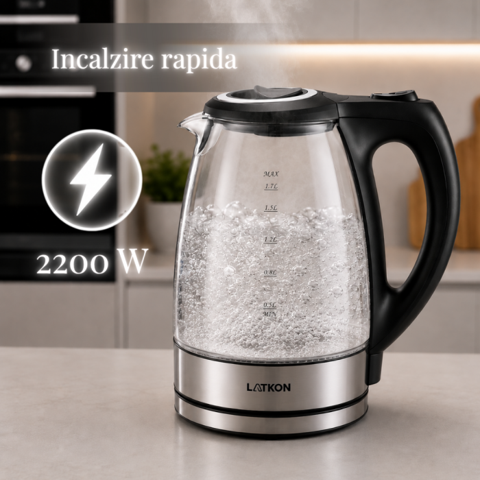 Fierbator Electric Latkon® EK2200Lite, Sticla/Inox, 1.7L, 2200W, Oprire automata, Baza rotativa 360, Iluminare LED [4]