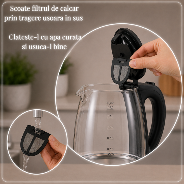 Fierbator Electric Latkon® EK2200Lite, Sticla/Inox, 1.7L, 2200W, Oprire automata, Baza rotativa 360, Iluminare LED [8]