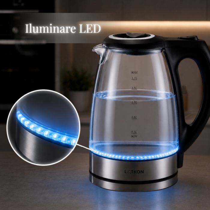 Fierbator Electric Latkon® EK2200Lite, Sticla/Inox, 1.7L, 2200W, Oprire automata, Baza rotativa 360, Iluminare LED [3]