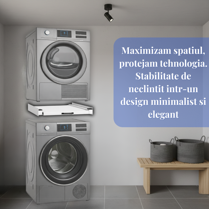 RESIGILAT - Kit Suprapunere Universal Metalic Latkon pentru Masina de Spalat si Uscator 60 cm, Raft Glisant, Centura Fixare, 8 Pad-uri Anti-Vibratii, Alb [6]