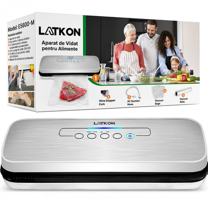 RESIGILAT - Aparat de Vidat Alimente Latkon®, 30 cm Bara de Lipire, Putere 110W, Pungi incluse: 5 Pungi Individuale 20X30 cm, 1 Rola Pungi 20X200 cm, Functie de Sigilare si Vidare Automata, Gri [7]