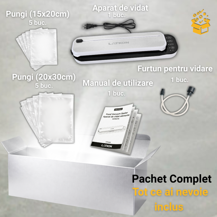 Aparat de vidat alimente VS115Lite Latkon® 115W, vacuum sealer pentru pungi si role, Bara de Lipire 30 cm, Funcții Dry/Moist, cutter integrat, Alb [9]