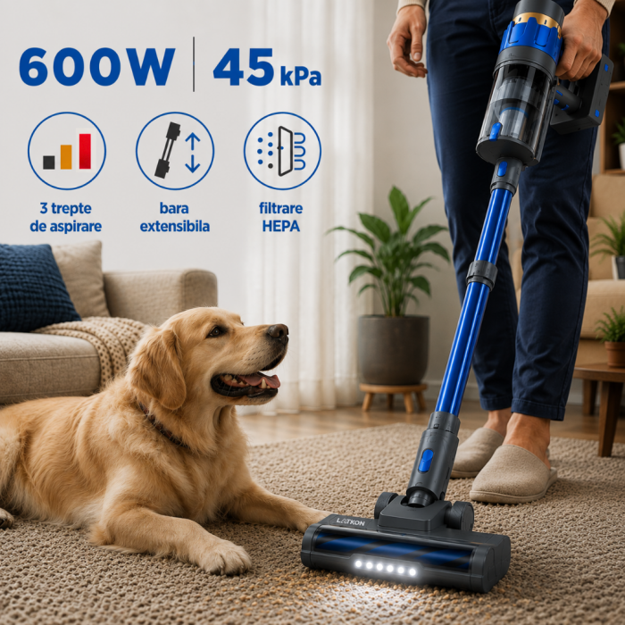 Aspirator Vertical fara fir 3 in 1 Latkon® VC600Pro, 600W, 45000Pa, Autonomie 60 min, Ecran digital si 3 Moduri de curatare, Recipient praf 0.8L, Lumini LED, Sistem filtrare HEPA, Albastru [2]