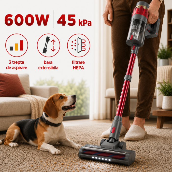 Aspirator Vertical fara fir 3 in 1 Latkon® VC600Pro, 600W, 45000Pa, Autonomie 60 min, Ecran digital si 3 Moduri de curatare, Recipient praf 0.8L, Lumini LED, Sistem filtrare HEPA, Rosu [2]