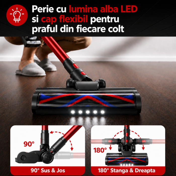 Aspirator Vertical fara fir 3 in 1 Latkon® VC600Pro, 600W, 45000Pa, Autonomie 60 min, Ecran digital si 3 Moduri de curatare, Recipient praf 0.8L, Lumini LED, Sistem filtrare HEPA, Rosu [7]