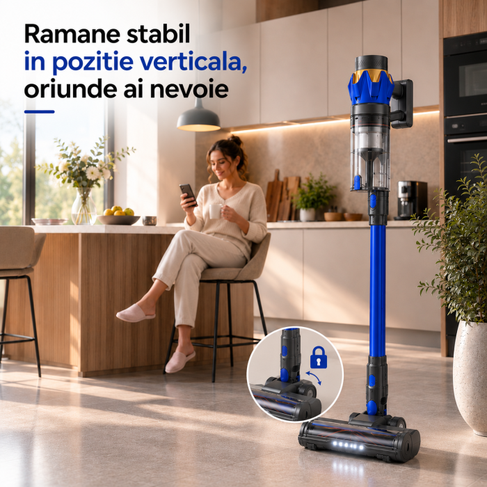 Aspirator Vertical fara fir 3 in 1 Latkon® VC600Pro, 600W, 45000Pa, Autonomie 60 min, Ecran digital si 3 Moduri de curatare, Recipient praf 0.8L, Lumini LED, Sistem filtrare HEPA, Albastru [9]