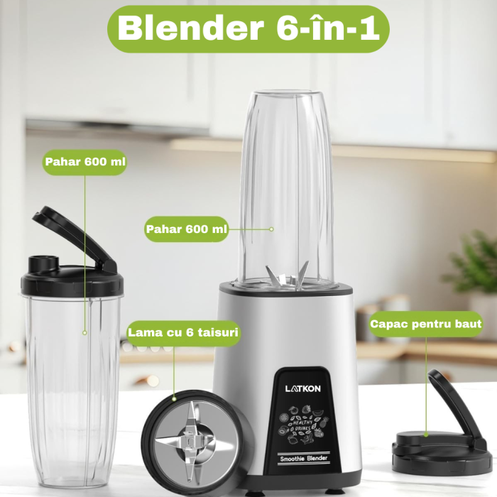 Blender Smoothie Shake and Take Latkon®, putere 800W, 20.000 RPM, 6 Lame Inox, 2 Recipiente 600ml, Zdrobire Gheata, Fara BPA [3]