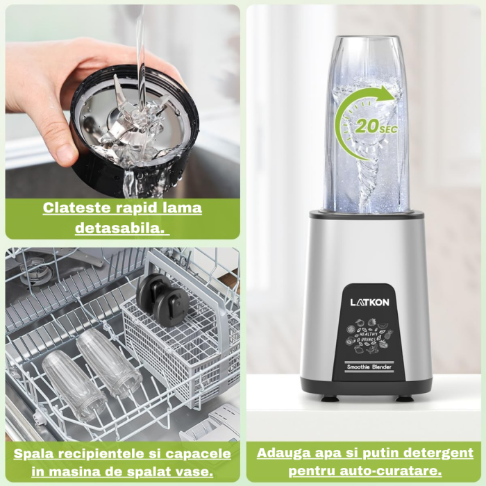Blender Smoothie Shake and Take Latkon®, putere 800W, 20.000 RPM, 6 Lame Inox, 2 Recipiente 600ml, Zdrobire Gheata, Fara BPA [7]