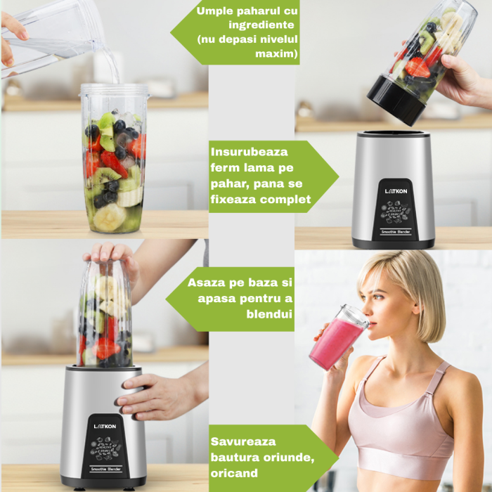 Blender Smoothie Shake and Take Latkon®, putere 800W, 20.000 RPM, 6 Lame Inox, 2 Recipiente 600ml, Zdrobire Gheata, Fara BPA [4]