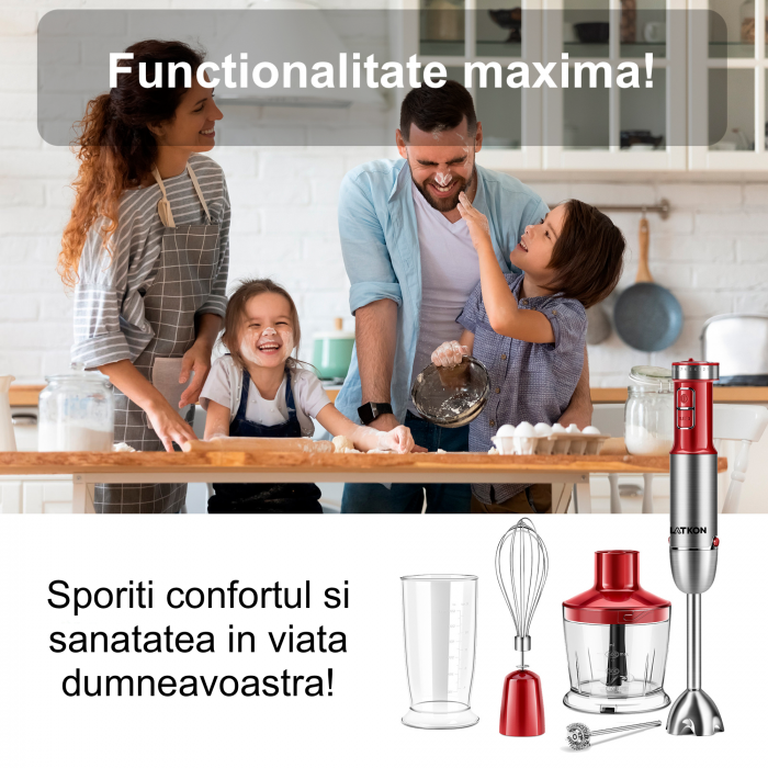 RESIGILAT - Set Blender Vertical 5 in 1 Latkon®, Multifunctional, Putere 800 W, 12 Trepte de Viteza, Cutit cu 4 Lame Placate cu Titanium, Tocator, Tel, Mixer Spuma Lapte, Cana Mixat, Rosu [3]