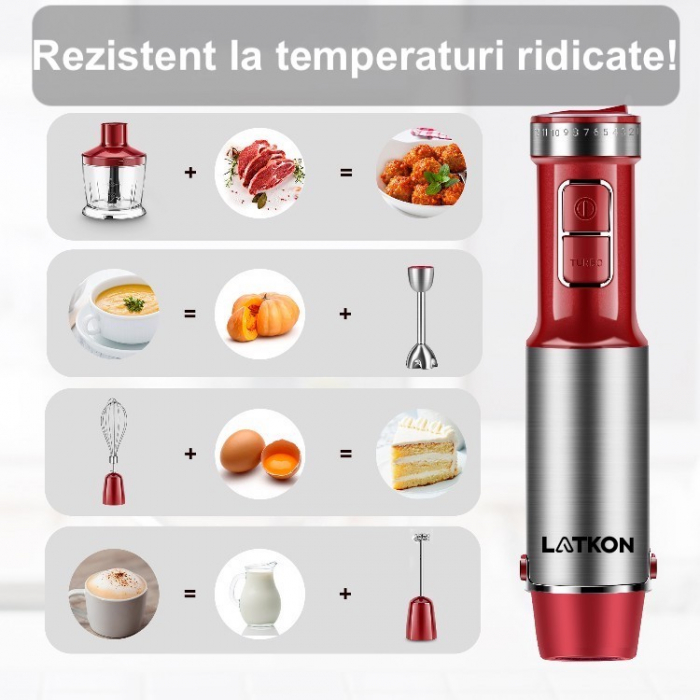 RESIGILAT - Set Blender Vertical 5 in 1 Latkon®, Multifunctional, Putere 800 W, 12 Trepte de Viteza, Cutit cu 4 Lame Placate cu Titanium, Tocator, Tel, Mixer Spuma Lapte, Cana Mixat, Rosu [4]