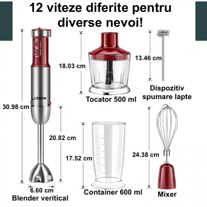 RESIGILAT - Set Blender Vertical 5 in 1 Latkon®, Multifunctional, Putere 800 W, 12 Trepte de Viteza, Cutit cu 4 Lame Placate cu Titanium, Tocator, Tel, Mixer Spuma Lapte, Cana Mixat, Rosu [8]