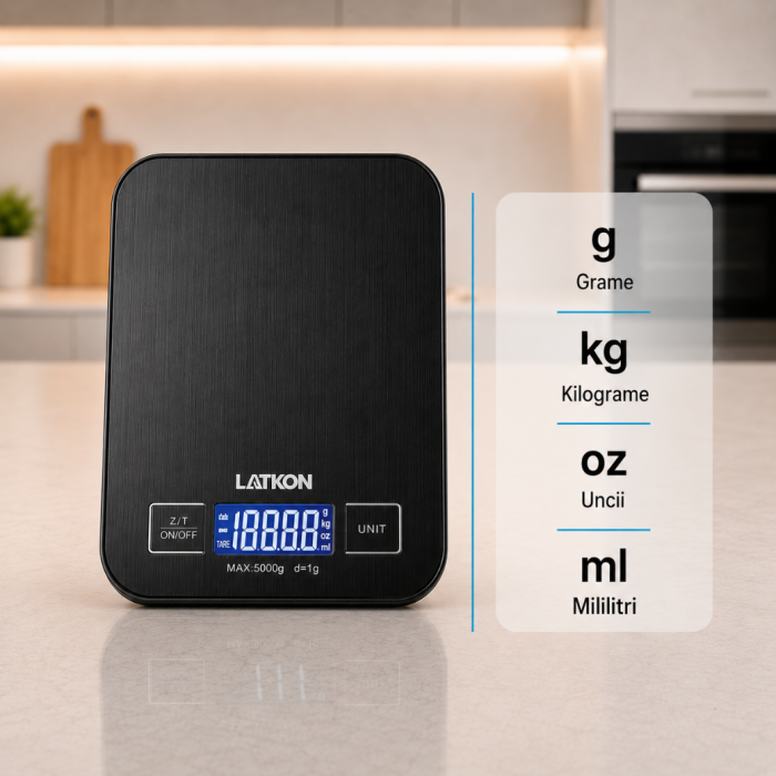 Cantar de Bucatarie Latkon® KS5000Lite, Afisaj Digital, Precizie de Masurare 1g, Capacitate 5 kg, Negru [2]