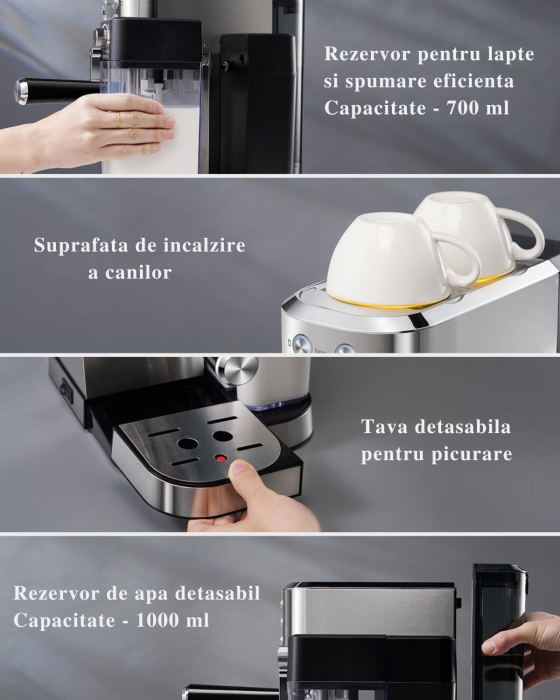 Espressor manual Latkon CM5160, 20 bari, 1350W, rezervor apă 1L, rezervor lapte 0.7L, argintiu [6]