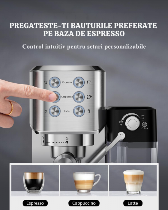 RESIGILAT - Espressor manual Latkon CM5160, 20 bari, Recipient apa detasabil 1L, Recipient lapte detasabil 0.7L, Sistem de incalzire a cestilor, 3 tipuri de bauturi, 1350 W, Argintiu [5]