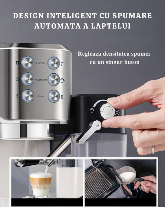 RESIGILAT - Espressor manual Latkon CM5160, 20 bari, Recipient apa detasabil 1L, Recipient lapte detasabil 0.7L, Sistem de incalzire a cestilor, 3 tipuri de bauturi, 1350 W, Argintiu [4]