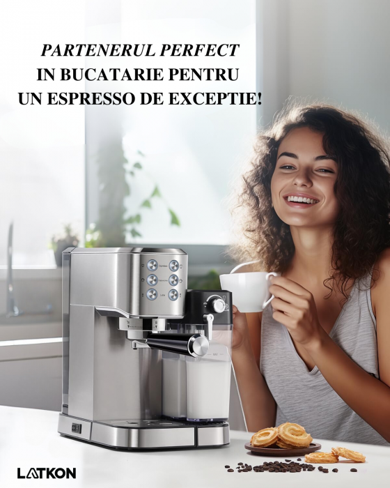 Espressor manual Latkon CM5160, 20 bari, 1350W, rezervor apă 1L, rezervor lapte 0.7L, argintiu [8]
