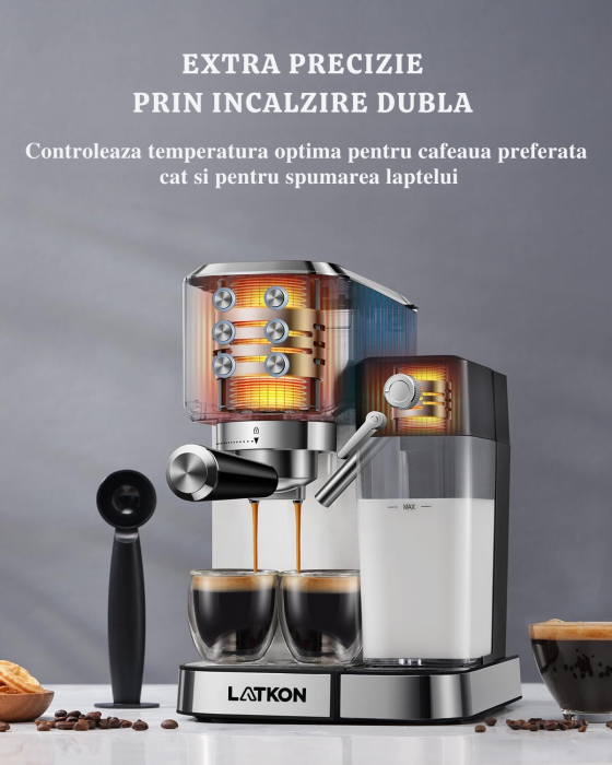 RESIGILAT - Espressor manual Latkon CM5160, 20 bari, Recipient apa detasabil 1L, Recipient lapte detasabil 0.7L, Sistem de incalzire a cestilor, 3 tipuri de bauturi, 1350 W, Argintiu [3]