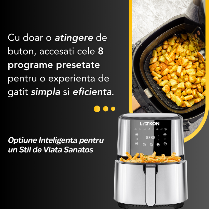 RESIGILAT - Friteuza cu aer cald, fara ulei, LATKON Air Fryer, Ecran digital, 8 functii de gatire presetate, Capacitate 6 litri, 1500W, Argintiu [4]