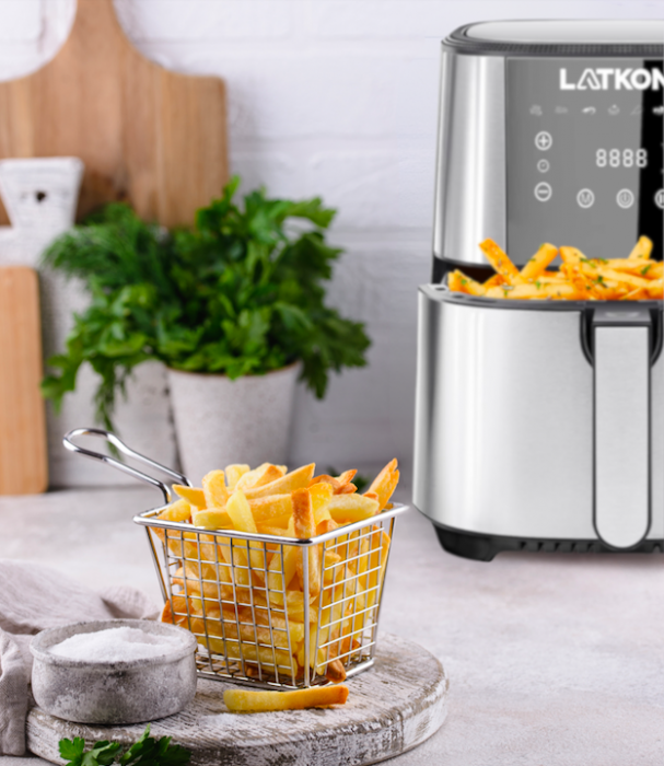 RESIGILAT - Friteuza cu aer cald, fara ulei, LATKON Air Fryer, Ecran digital, 8 functii de gatire presetate, Capacitate 6 litri, 1500W, Argintiu [5]