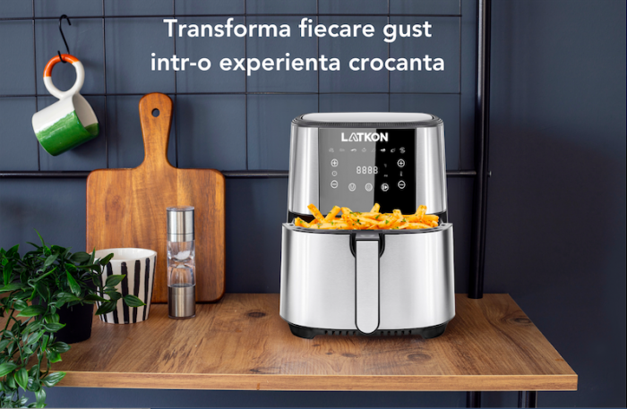 RESIGILAT - Friteuza cu aer cald, fara ulei, LATKON Air Fryer, Ecran digital, 8 functii de gatire presetate, Capacitate 6 litri, 1500W, Argintiu [3]
