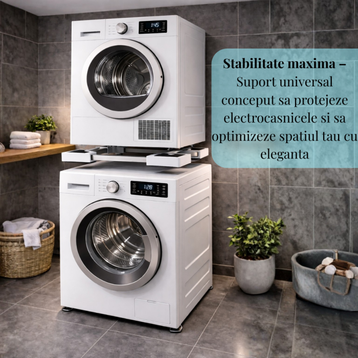RESIGILAT - Kit Universal Reglabil Latkon pentru Suprapunere Masina de Spalat si Uscator 46–72 cm, Suport Anti-Alunecare cu Centura Siguranta si 8 Pad-uri Anti-Vibratii [6]
