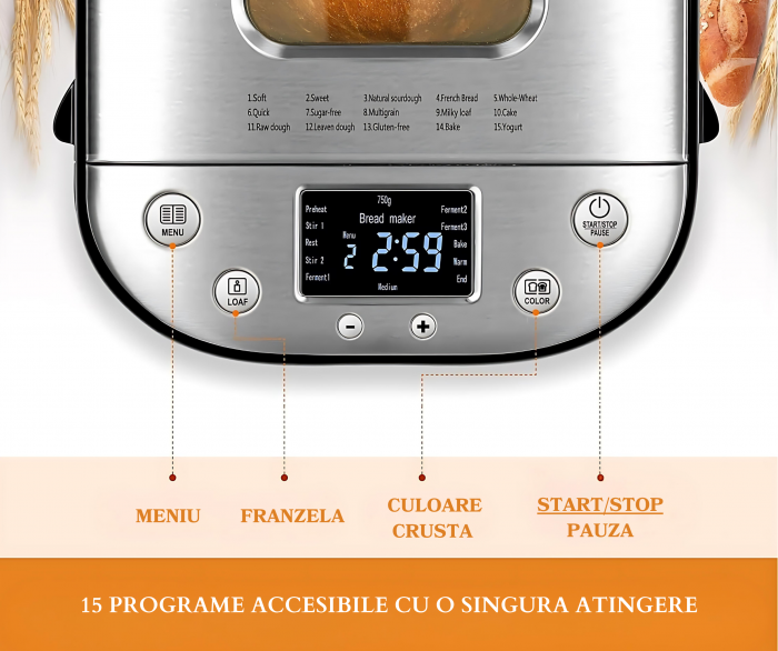 RESIGILAT - Masina de paine Latkon MBF-001, 710W, 900g, 15 programe, Display LCD, Timer, Functie de programare, Functie de mentinere la cald, Argintiu [5]