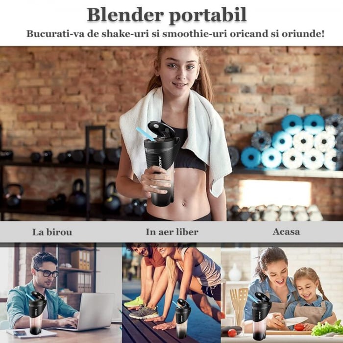 Mini Blender Electric Portabil Latkon®, Multifunctional, 20.000 rpm, 150 W, 40 de utilizari per incarcare, 4000 mAh, 460 ml, Negru [6]