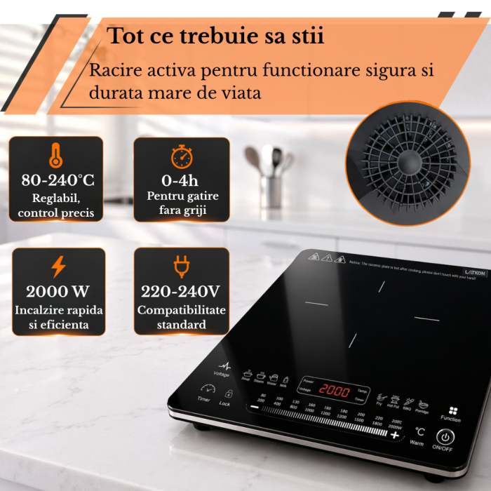 Plita cu Inductie Latkon IP2000Nova, 2000W, 8 Programe, Touch control, OverHeat Safety System, Auto Shutdown, Timer, Stop & Go, Negru [7]