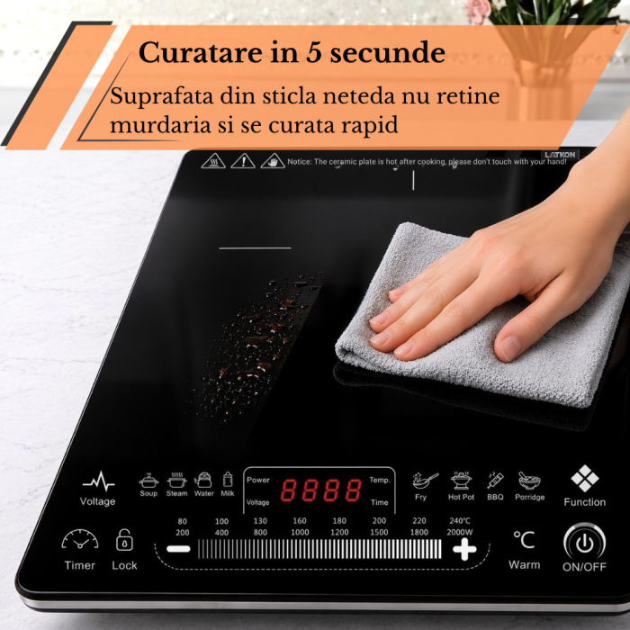 Plita cu Inductie Latkon IP2000Nova, 2000W, 8 Programe, Touch control, OverHeat Safety System, Auto Shutdown, Timer, Stop & Go, Negru [5]