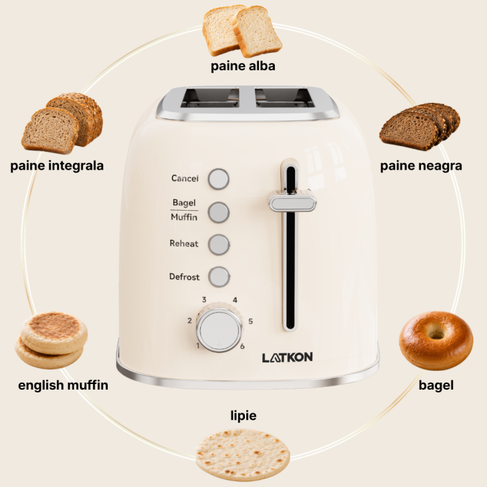 Prajitor de Paine Latkon® BT800Lite, 800W, 2 Felii, 6 Niveluri de rumenire, 4 Functii, Tavita detasabila, Inox, Crem [6]