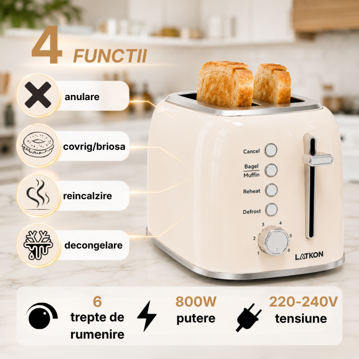 Prajitor de Paine Latkon® BT800Lite, 800W, 2 Felii, 6 Niveluri de rumenire, 4 Functii, Tavita detasabila, Inox, Crem [2]