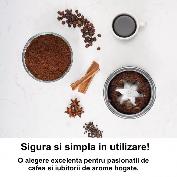 RESIGILAT - Rasnita de Cafea Latkon® CG638, Electrica, 150 W, Lame din Otel Inoxidabil, Granulatie Reglabila, Bol Detasabil, Capacitate 70 g,  Silentioasa, Negru [6]