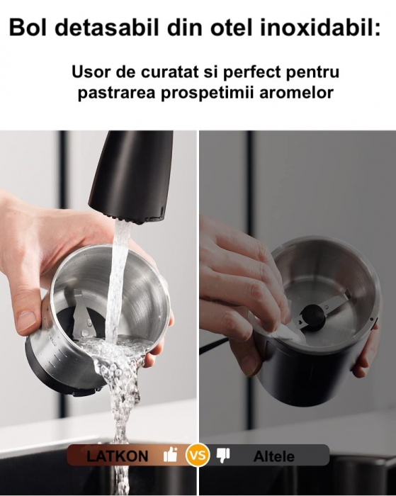 RESIGILAT - Rasnita de Cafea Latkon® CG638, Electrica, 150 W, Lame din Otel Inoxidabil, Granulatie Reglabila, Bol Detasabil, Capacitate 70 g,  Silentioasa, Negru [7]