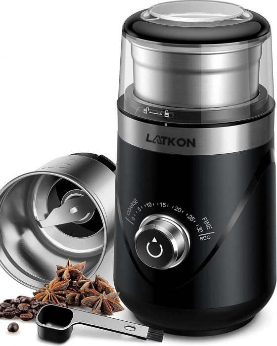 RESIGILAT - Rasnita de Cafea Latkon® CG638, Electrica, 150 W, Lame din Otel Inoxidabil, Granulatie Reglabila, Bol Detasabil, Capacitate 70 g,  Silentioasa, Negru [1]