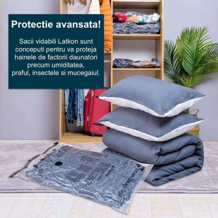 RESIGILAT - Set 10 Saci Vidat Haine cu Pompa Latkon®, Marimi 40x60/50x70/60x80/80x100cm, Vidare prin Vacuum, Usor de Folosit, Transparent [2]