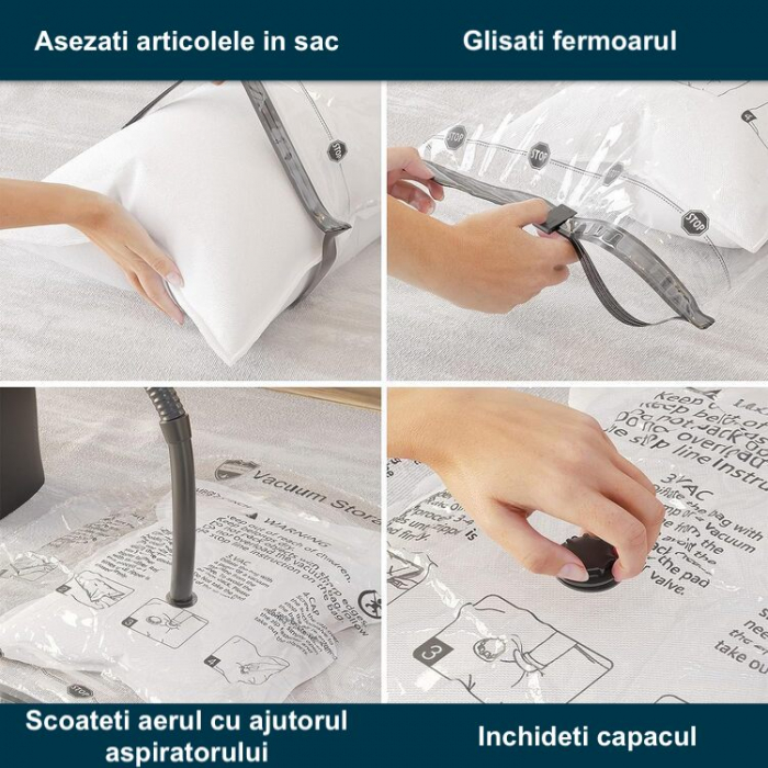 RESIGILAT - Set 10 Saci Vidat Haine cu Pompa Latkon®, Marimi 40x60/50x70/60x80/80x100cm, Vidare prin Vacuum, Usor de Folosit, Transparent [9]