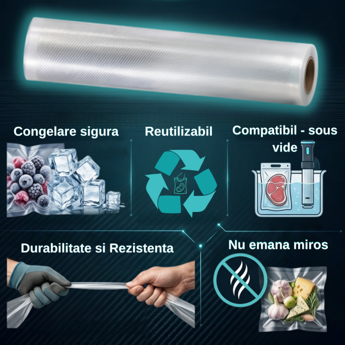 Set 3 role pungi de vidat gofrate Latkon®, 28 x 300 cm, Reutilizabile, Lavabile in Masina de Spalat, Rezistente, Ideale Pentru Depozitare sau Preparare Sous Vide, Fara BPA, Transparent [4]