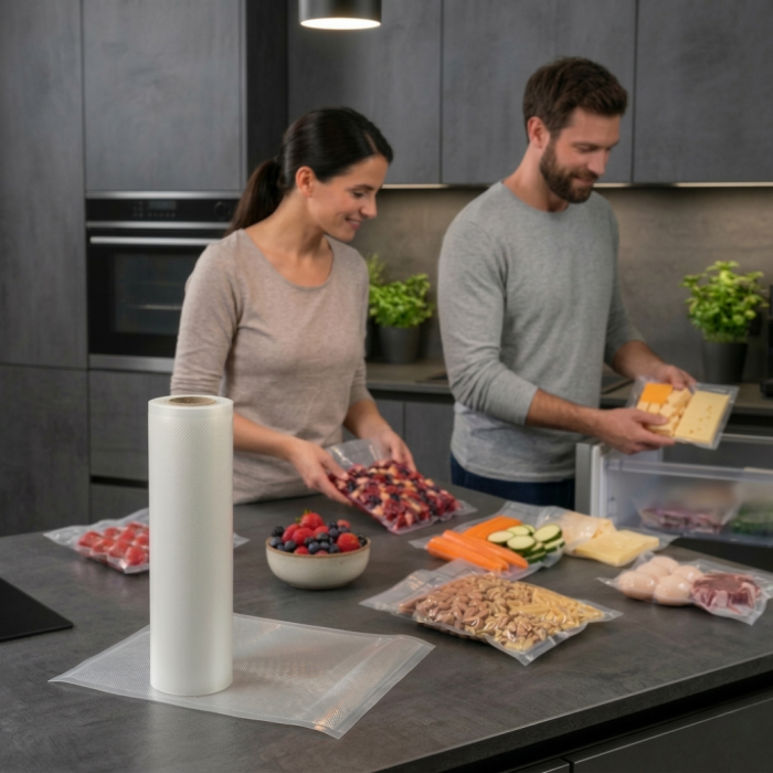 Set 3 role pungi de vidat gofrate Latkon®, 28 x 600 cm, Reutilizabile, Lavabile in Masina de Spalat, Rezistente, Ideale Pentru Depozitare sau Preparare Sous Vide, Fara BPA, Transparent [8]