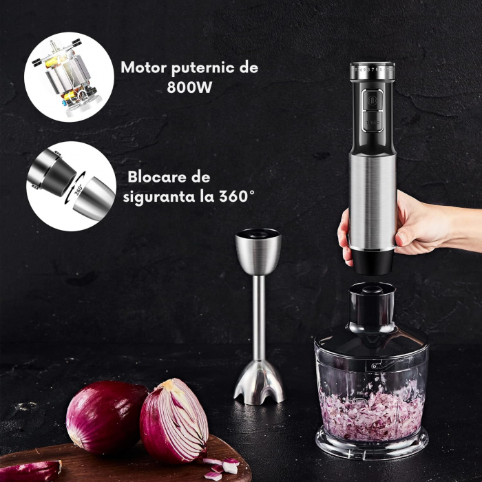 RESIGILAT - Set Blender Vertical 5 in 1 Latkon®, Multifunctional, Putere 800 W, 12 Trepte de Viteza, Cutit cu 4 Lame Placate cu Titanium, Tocator, Tel, Mixer Spuma Lapte, Cana Mixat, Negru [3]