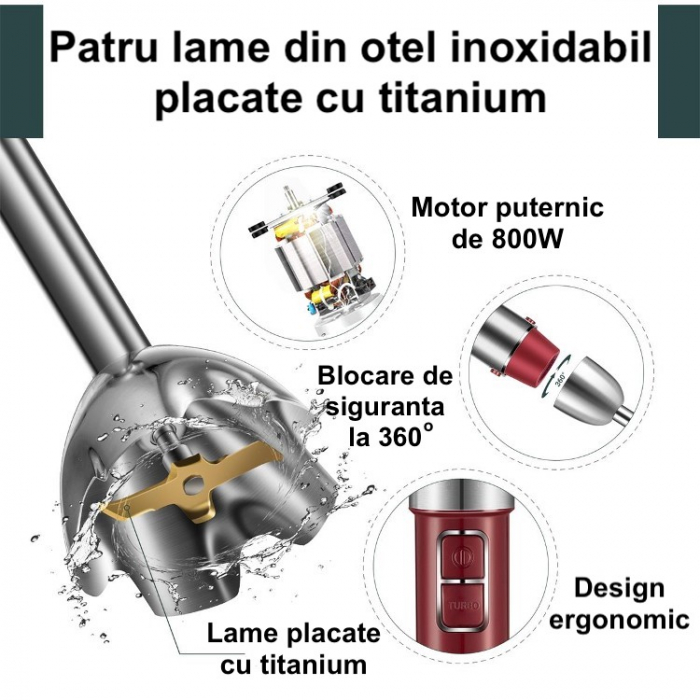 Blender vertical multifuncțional Latkon, 800W, lame titanium, tel, tocător, mixer [12]