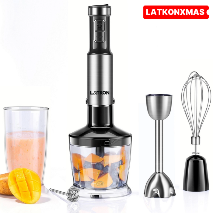 Set blender vertical 5 în 1 Latkon, 800W, lame titanium, tel, tocător, mixer spumă lapte [1]