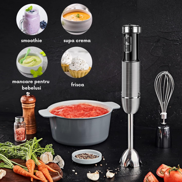 RESIGILAT - Set Blender Vertical 5 in 1 Latkon®, Multifunctional, Putere 800 W, 12 Trepte de Viteza, Cutit cu 4 Lame Placate cu Titanium, Tocator, Tel, Mixer Spuma Lapte, Cana Mixat, Negru [4]