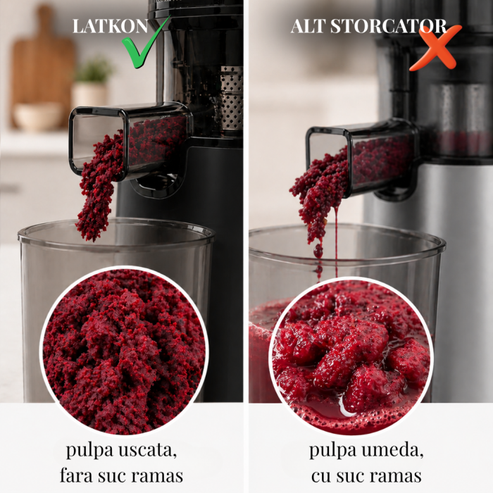 Storcator cu Presare la Rece Latkon®️ SJ250Nova, Putere 250W, Ax cu Melc, Silentios, Antioxidare, Recipient Suc 1.2L, Recipient Pulpa 1.1L, Negru [2]