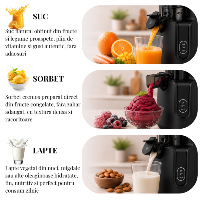 Storcator cu Presare la Rece Latkon®️ SJ250Nova, Putere 250W, Ax cu Melc, Silentios, Antioxidare, Recipient Suc 1.2L, Recipient Pulpa 1.1L, Negru [3]