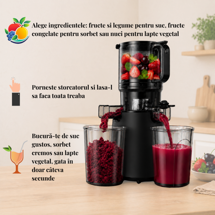 Storcator cu Presare la Rece Latkon®️ SJ250Nova, Putere 250W, Ax cu Melc, Silentios, Antioxidare, Recipient Suc 1.2L, Recipient Pulpa 1.1L, Negru [4]