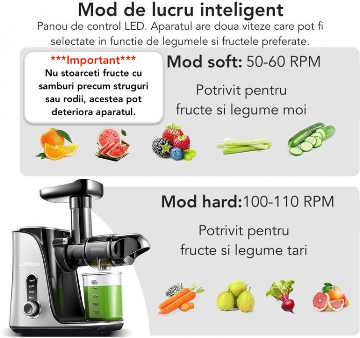 Storcător cu presare la rece Latkon, 150W, 2 viteze, sticlă 0.5L, sită inox, gri [2]